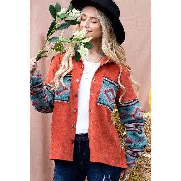 Blue and Rust Aztec Print Shacket - Picture 1 of 4